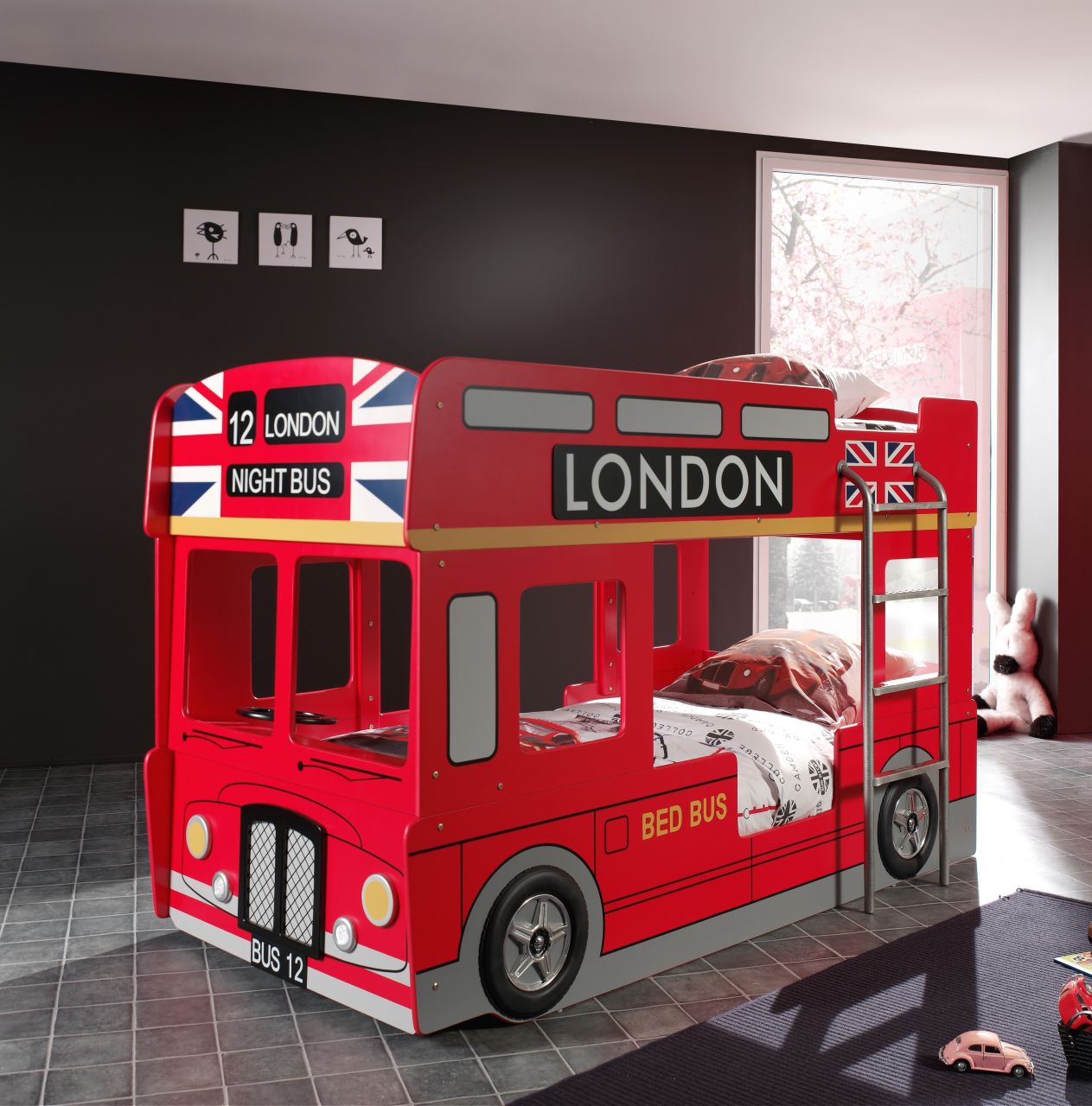 Vipack: Autobett Etagenbett „LONDON BUS“ 90 x 200 mit 2 Lattenroste – Stockbett