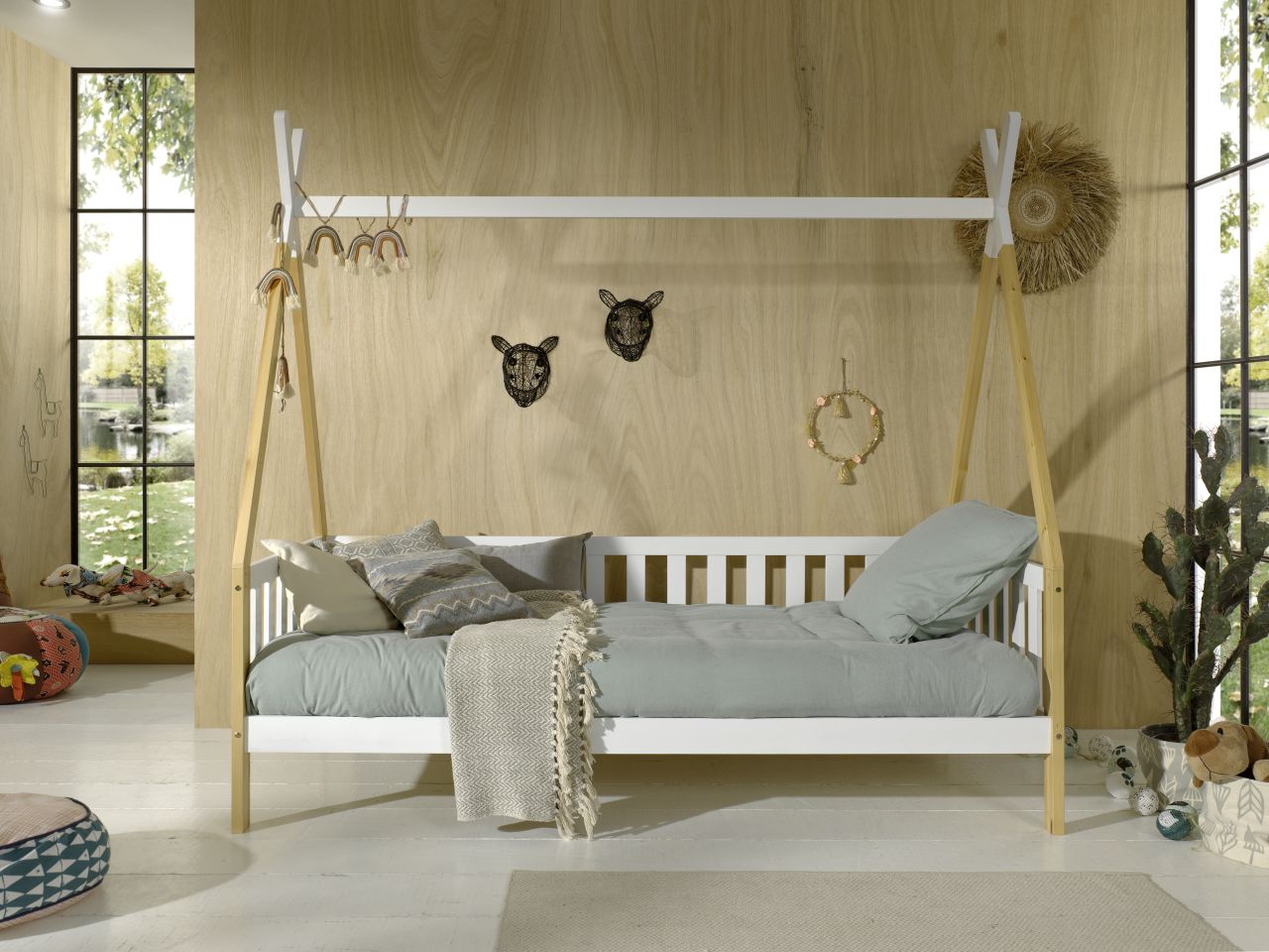 Tipi Kojenbett mit Lattenrost- 90×200 Kinderbett Zeltbett Einzelbett-Weiß