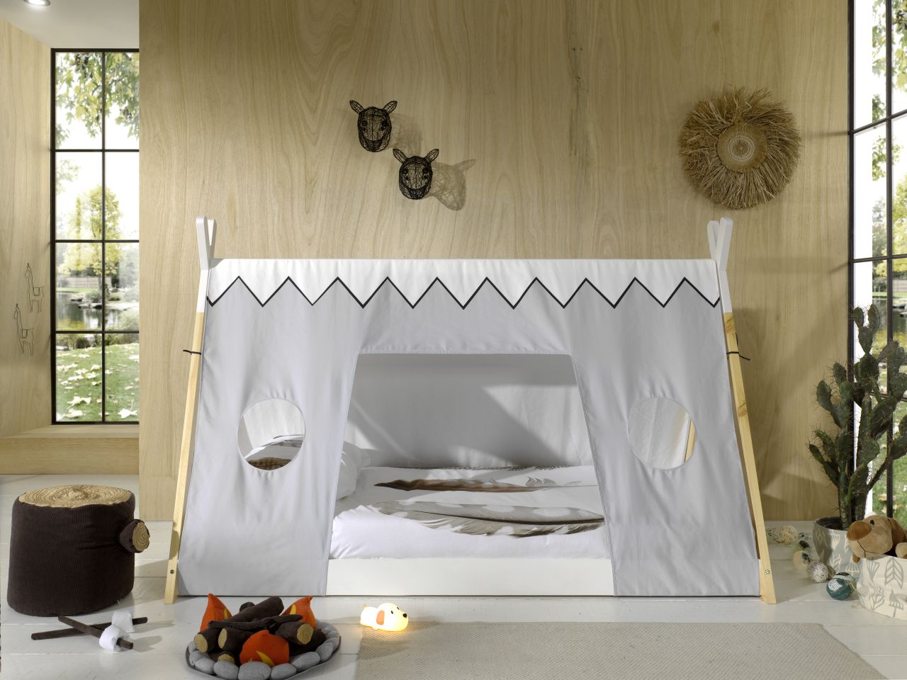 Tipi Bett mit Textilzeltdach+Lattenrost- 90×200 Kinderbett Zeltbett -Weiß