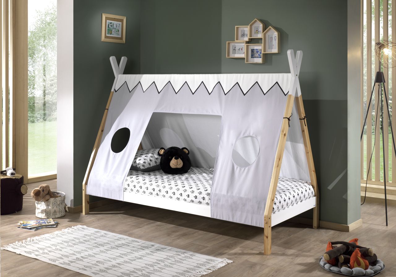 Tipi Bett mit Textilzeltdach+Lattenrost- 90×200 Kinderbett Zeltbett -Weiß
