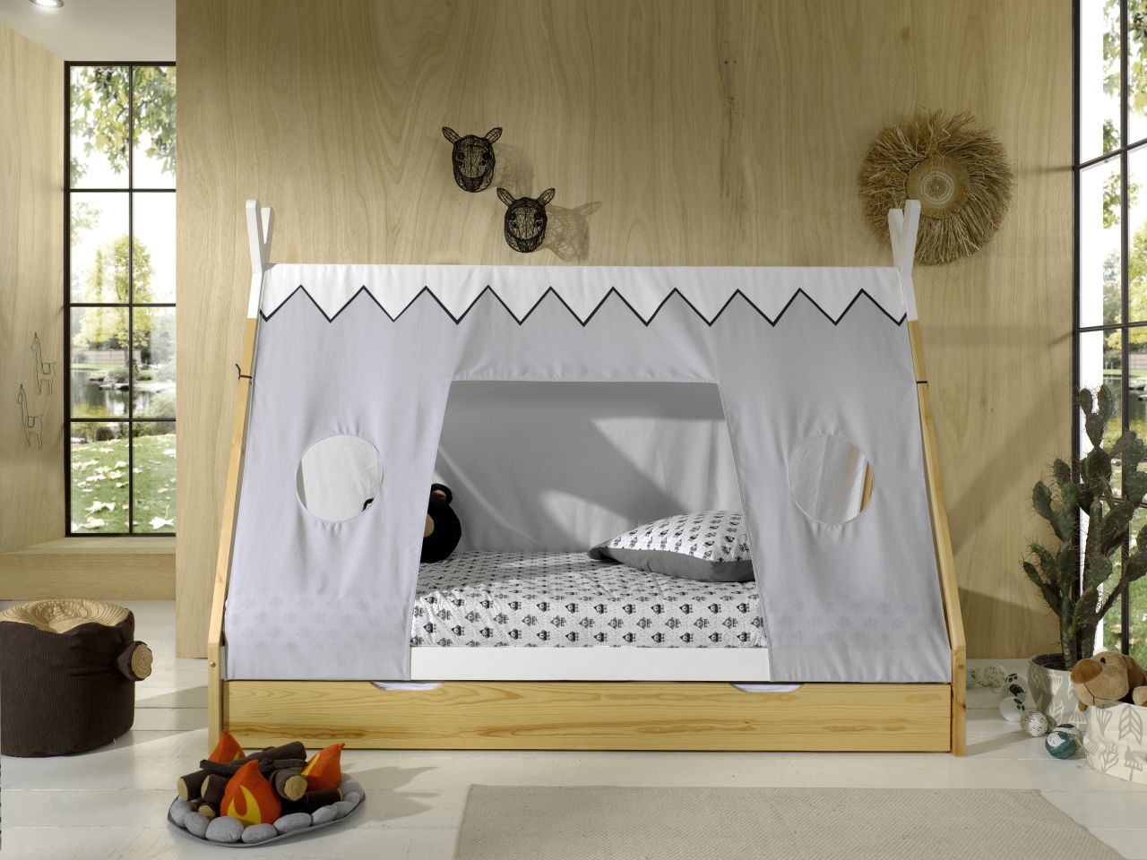 Tipi Bett mit Textilzeltdach+Lattenrost+Bettschublade- 90×200 Kinderbett Zelt
