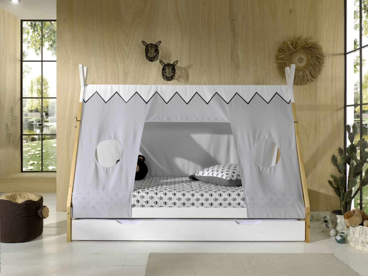 Tipi Bett mit Textilzeltdach+Lattenrost+Bettschublade- 90×200 Kinderbett Zelt