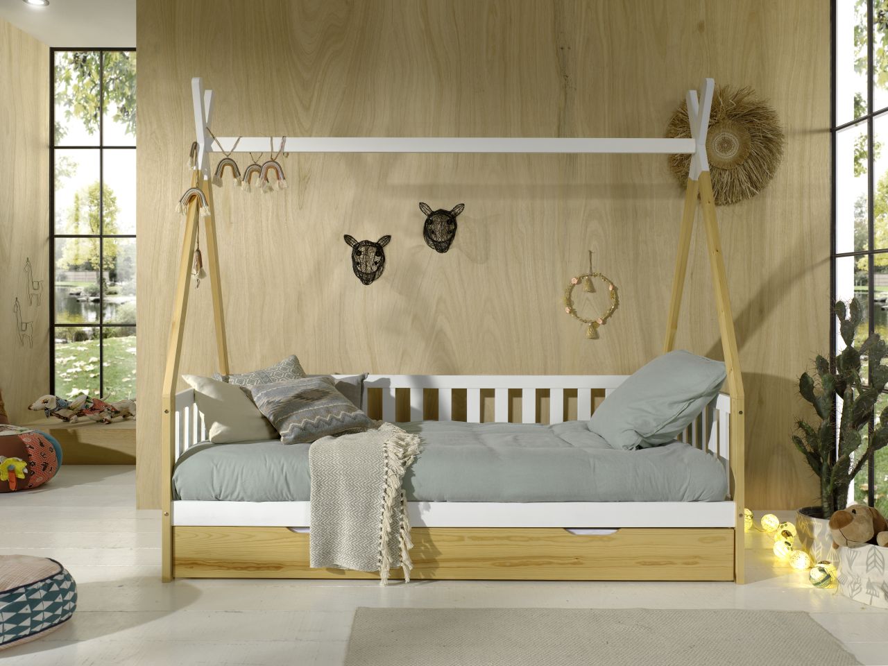Tipi Kojenbett mit Textilzeltdach+Lattenrost+Bettschublade- 90×200 Kinderbett