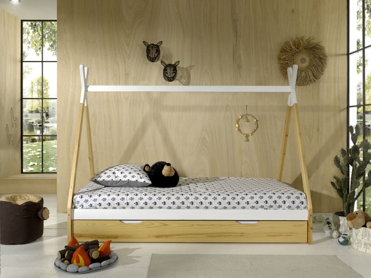 Tipi Bett mit Lattenrost+Bettschublade- 90×200 Kinderbett Zelt