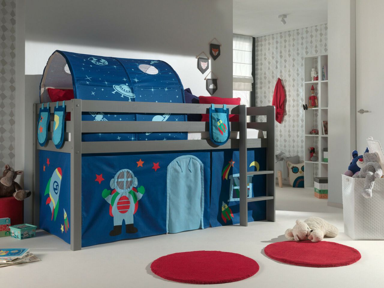 Vipack:Spielbett „Pino“ +Textilset+Taschen+Tunnel- Jugend/Kinderbett Hochbett