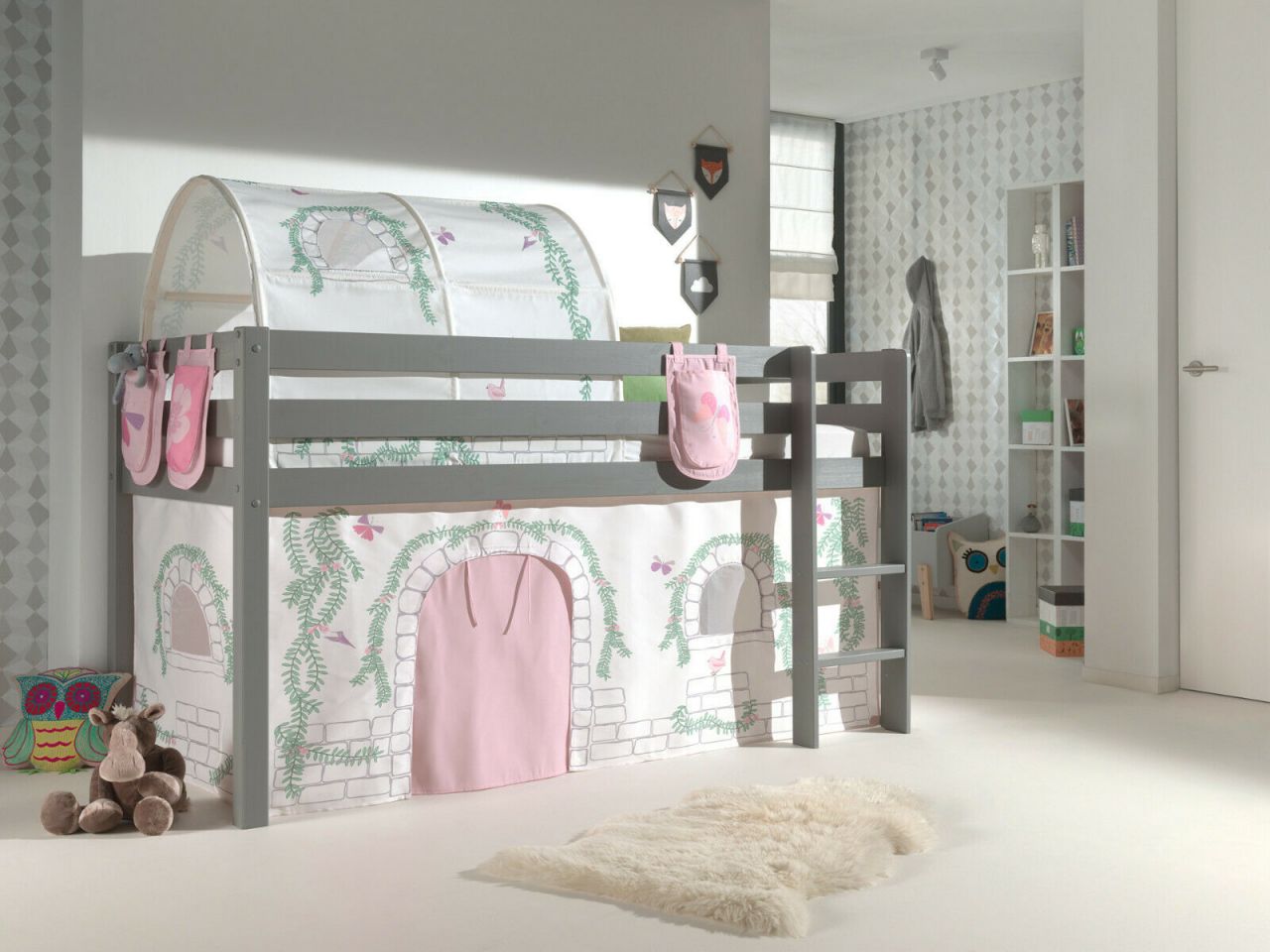 Vipack:Spielbett „Pino“ +Textilset+Taschen+Tunnel- Jugend/Kinderbett Hochbett