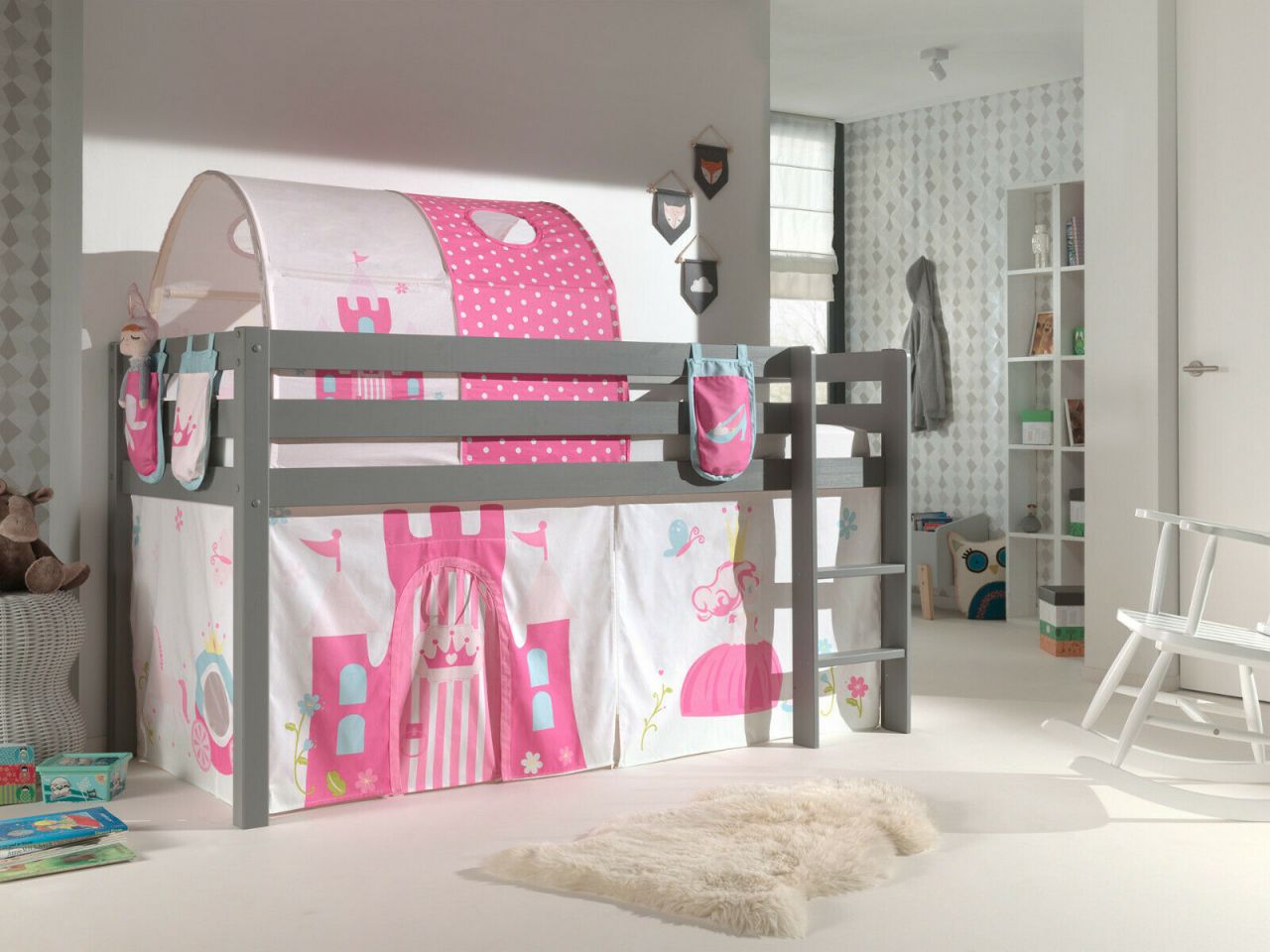 Vipack:Spielbett „Pino“ +Textilset+Taschen+Tunnel -Jugend/Kinderbett Hochbett