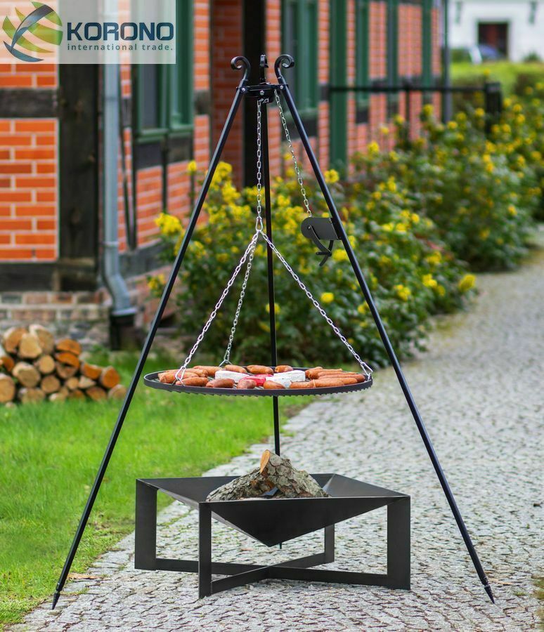 Dreibein Schwenkgrill mit Kurbel Rost 60 und Feuerschale 70×70 cm im Set – Stahl