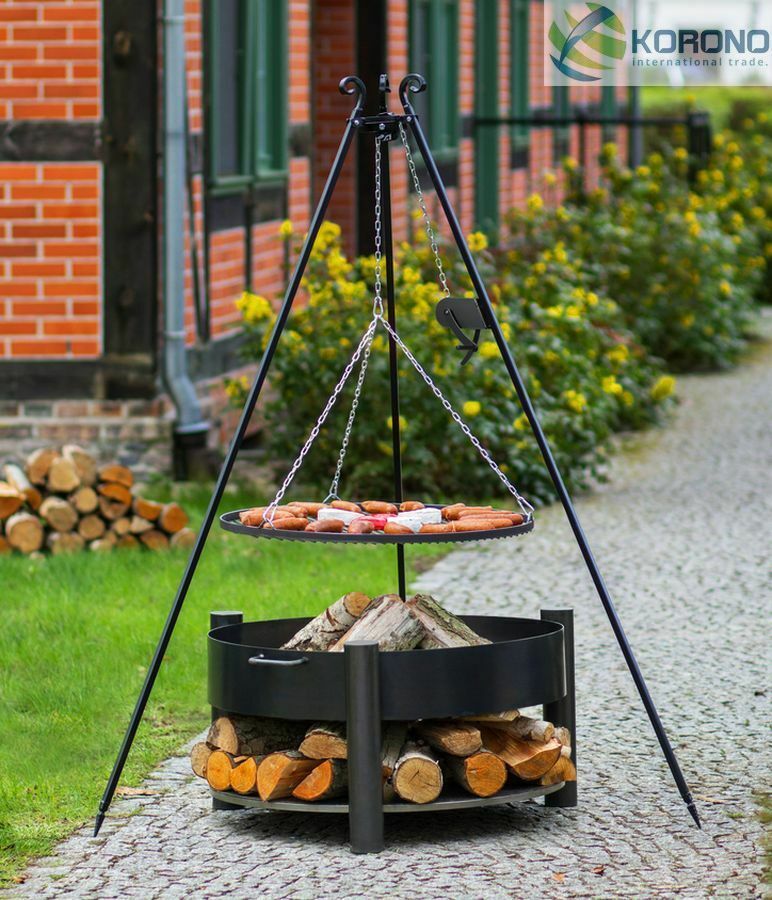 Dreibein Schwenkgrill mit Kurbel Rost 60 und Feuerschale Ø 70 im Set – Stahl