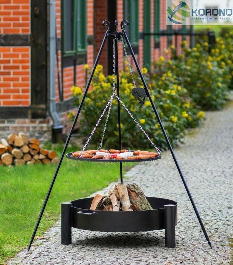 Dreibein Schwenkgrill mit Kurbel Rost 70 und Feuerschale Ø 80 im Set – Stahl