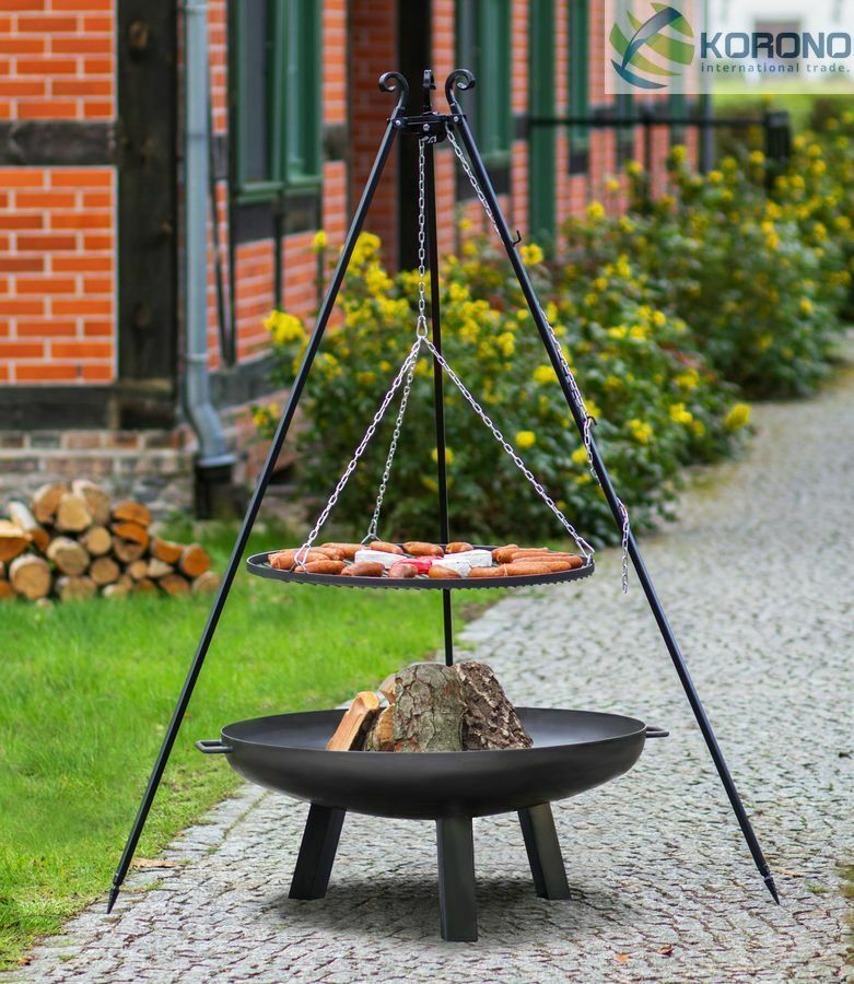 Dreibein Schwenkgrill Rostgröße 50 cm und Feuerschale Ø 60 cm im Set – Stahl