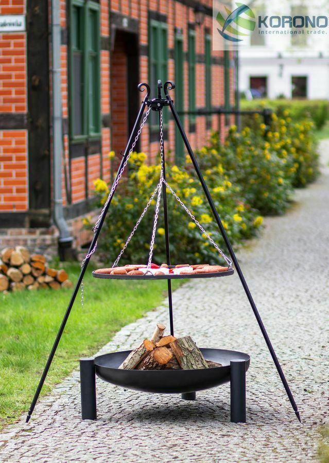 Dreibein Schwenkgrill Rostgröße 50 cm und Feuerschale Ø 60 cm im Set – Stahl