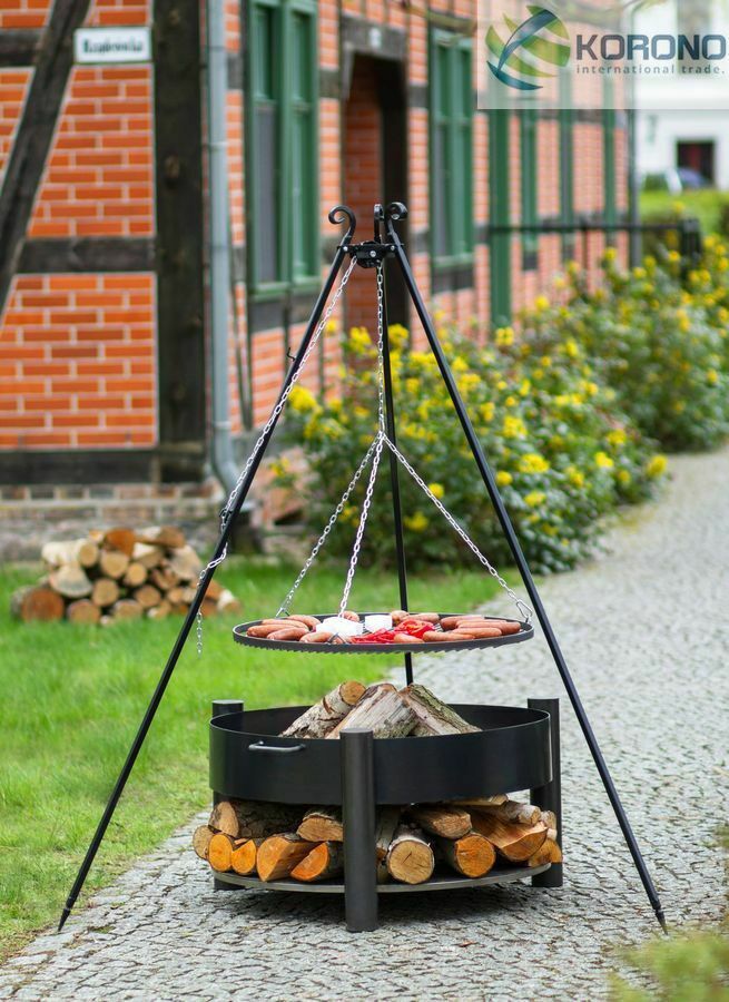 Dreibein Schwenkgrill Rostgröße 50 cm und Feuerschale Ø 60 cm im Set – Stahl