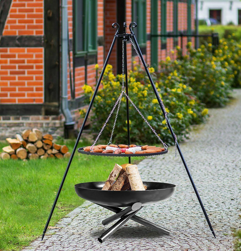 Dreibein Schwenkgrill Rostgröße 50 cm und Feuerschale Ø 60 cm im Set – Stahl