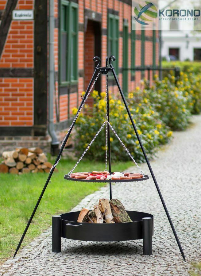 Dreibein Schwenkgrill Rostgröße 60 cm und Feuerschale Ø 70 cm im Set – Stahl