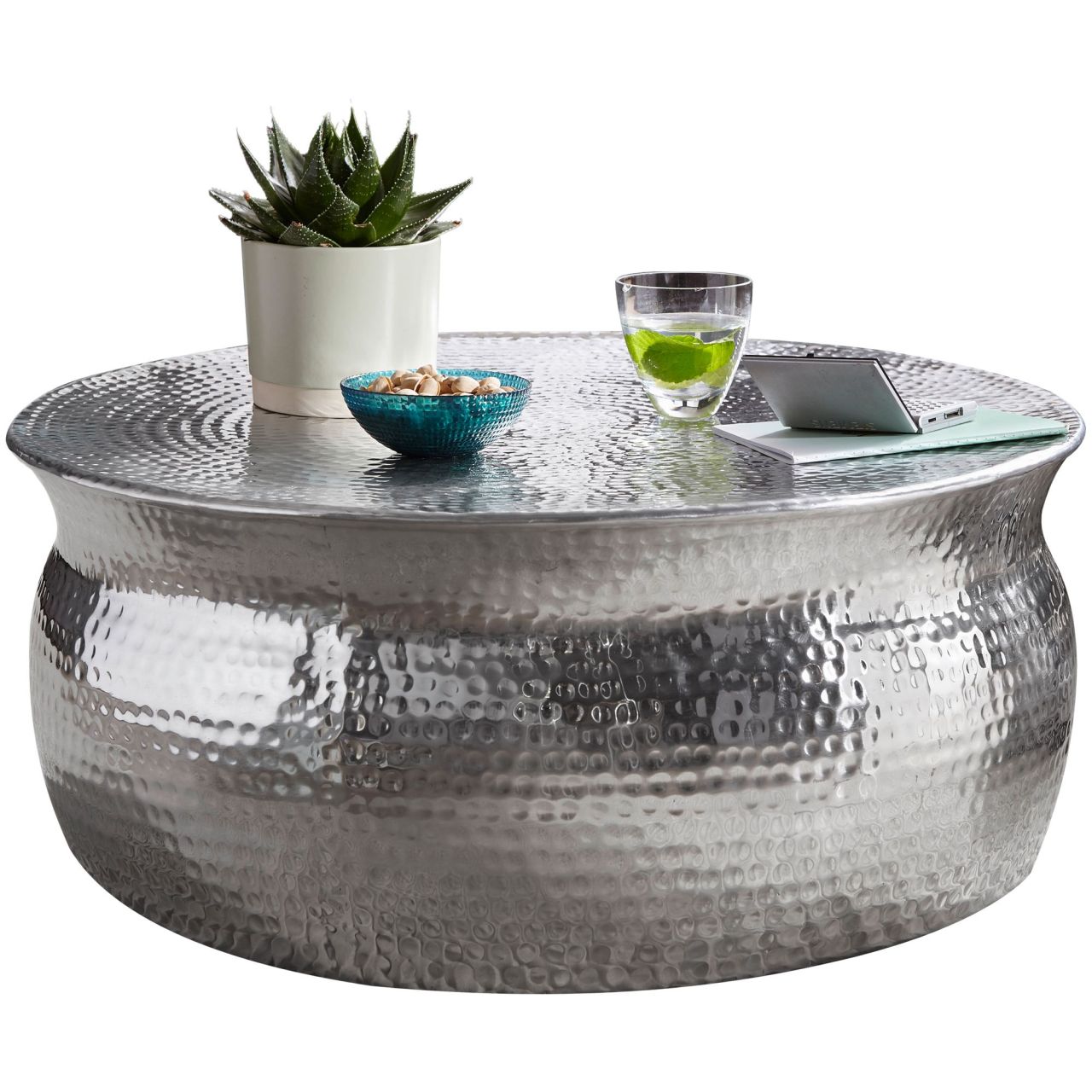 Couchtisch 75x31x75cm Aluminium Silber Beistelltisch orientalisch rund