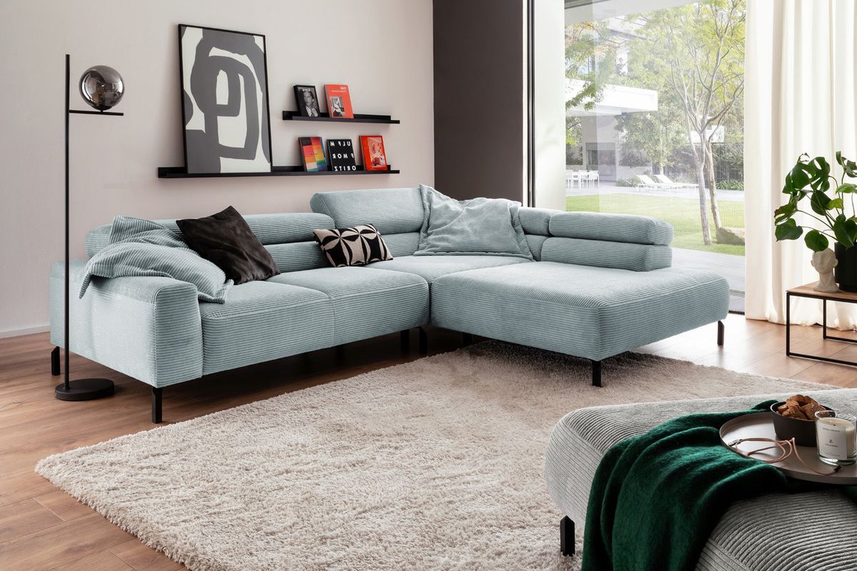 KAWOLA Sofa DELIA Ecksofa Cord hellblau