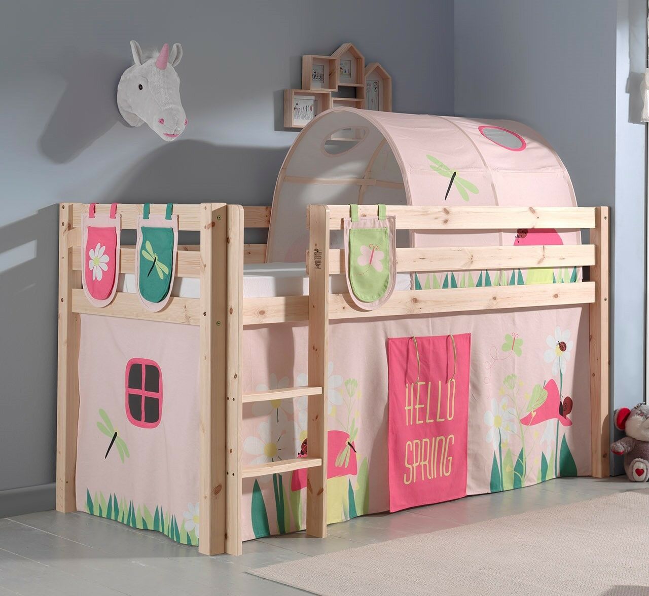 Spielbett Hochbett Kinderbett 90×200 Vorhang Prinzessin Rosa Tunnel Holzbett