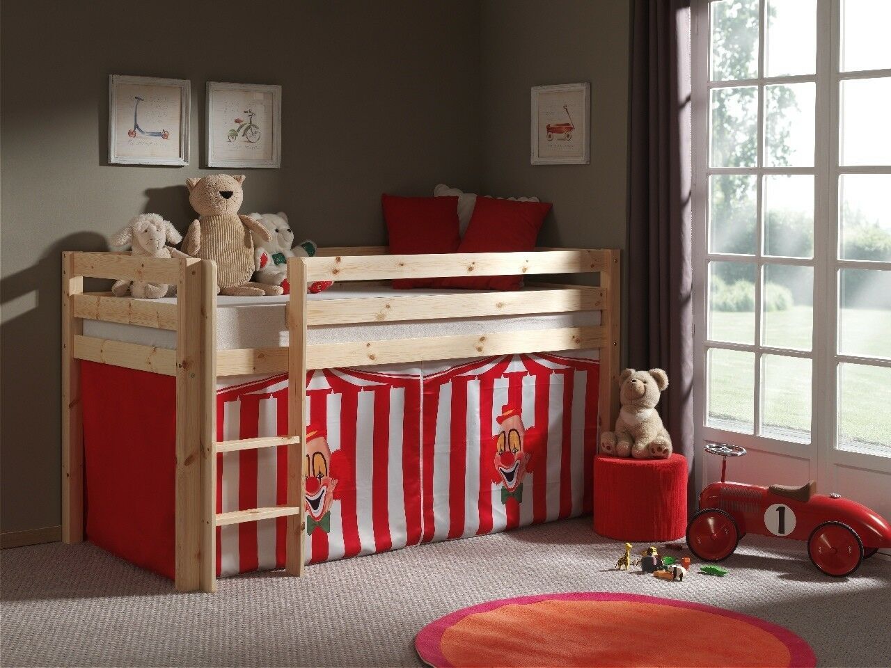 Spielbett Hochbett Kinderbett 90×200 Vorhang Zirkus Massivholz Rot Lattenrost