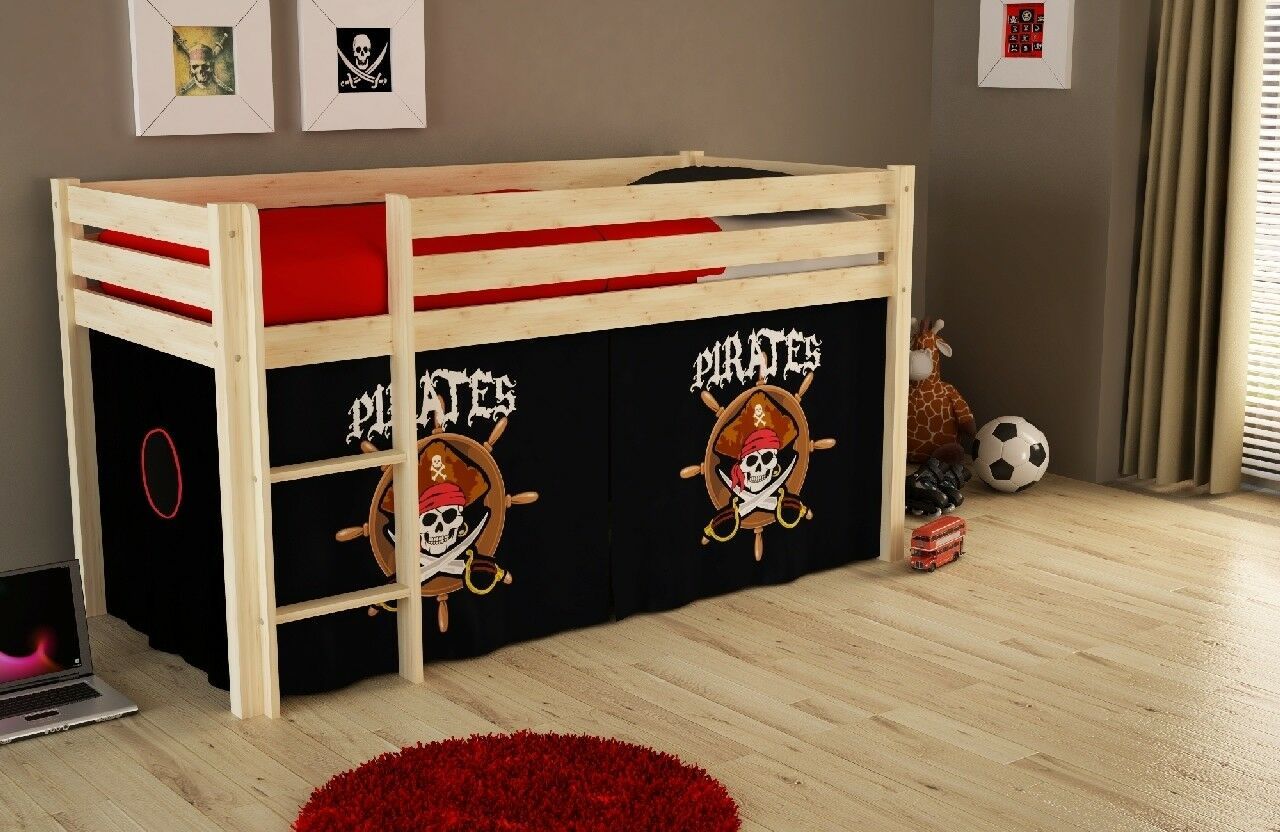 Spielbett Hochbett Kinderbett 90×200 Vorhang Piratenbett Massivholzbett Natur