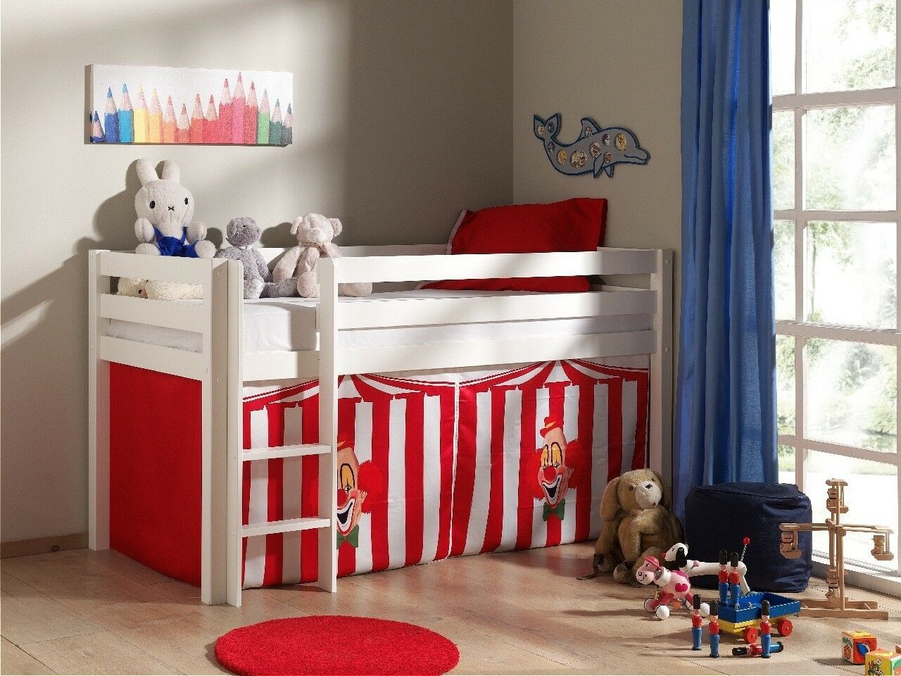 Spielbett Hochbett Kinderbett 90×200 Vorhang Zirkus Massivholz Weiß Rot Leiter