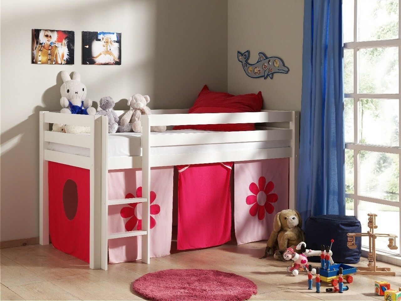 Spielbett Hochbett Kinderbett 90×200 Vorhang Blumen Holz Weiß Rosa Rutsche Pink