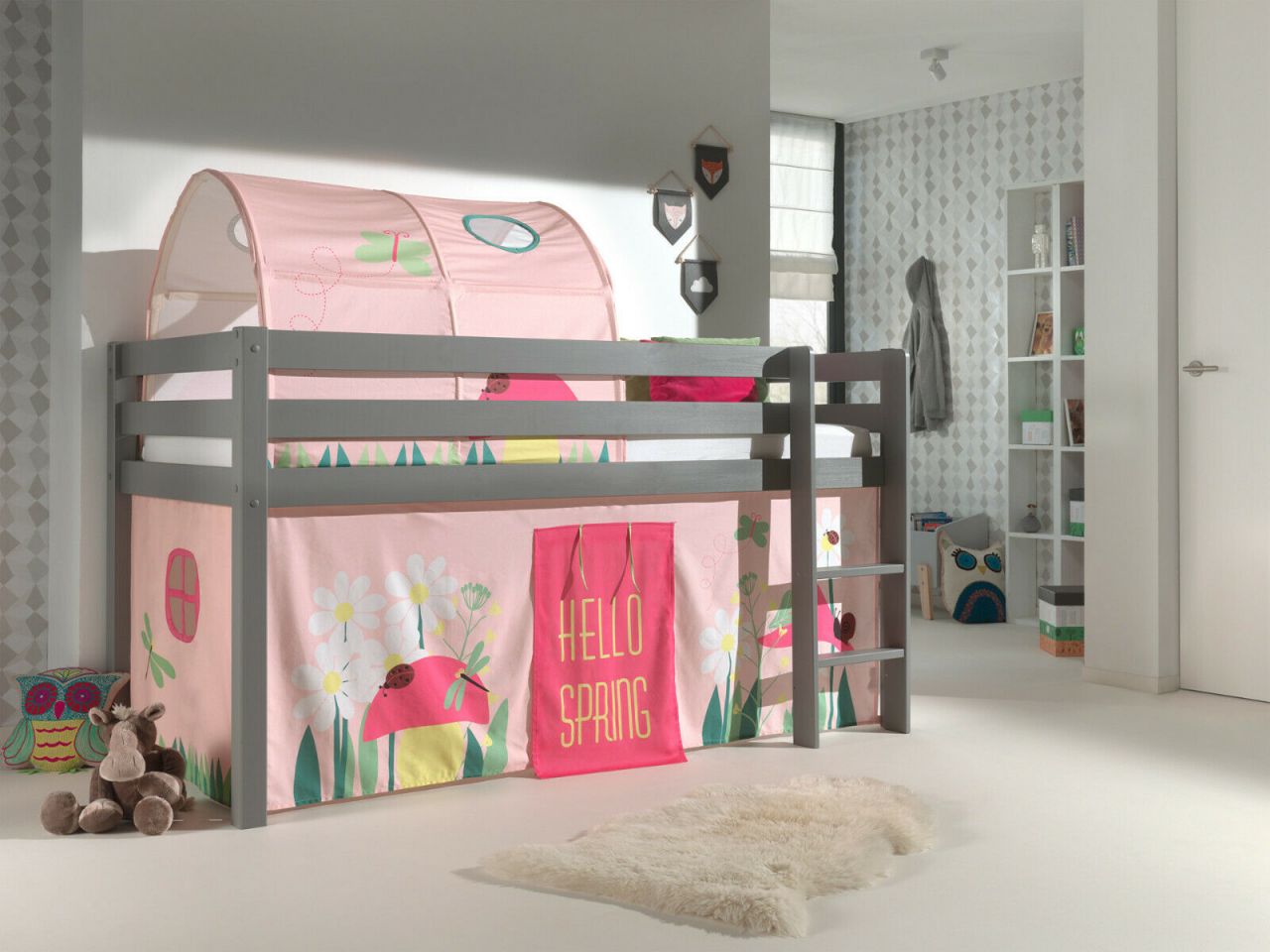 Vipack:Spielbett „Pino“ mit Textilset+Tunnel – Jugend/Kinderbett Hochbett Grau