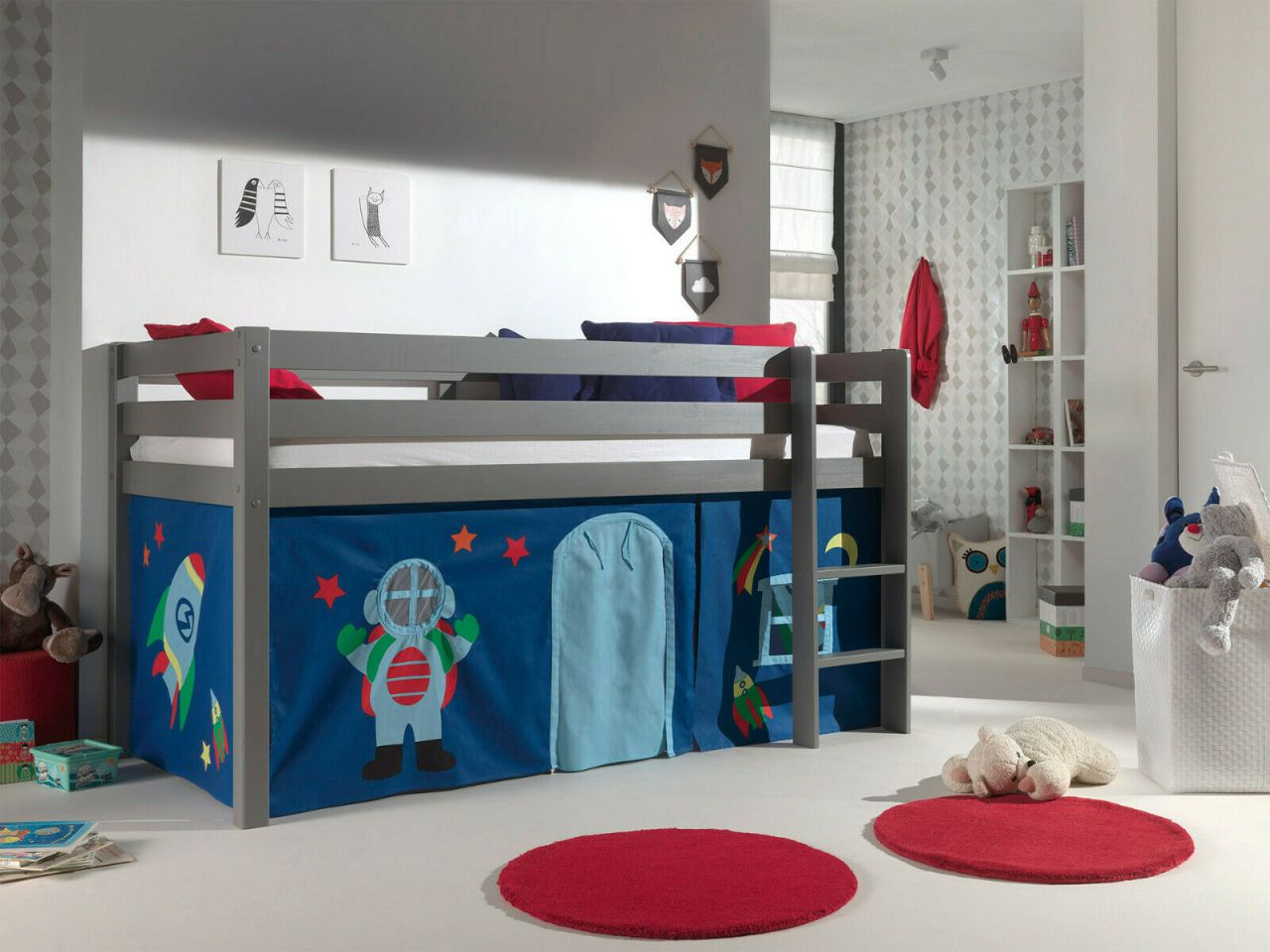 Vipack:Spielbett „Pino“ +Textilset – Jugend/Kinderbett Hochbett Welltall Grau