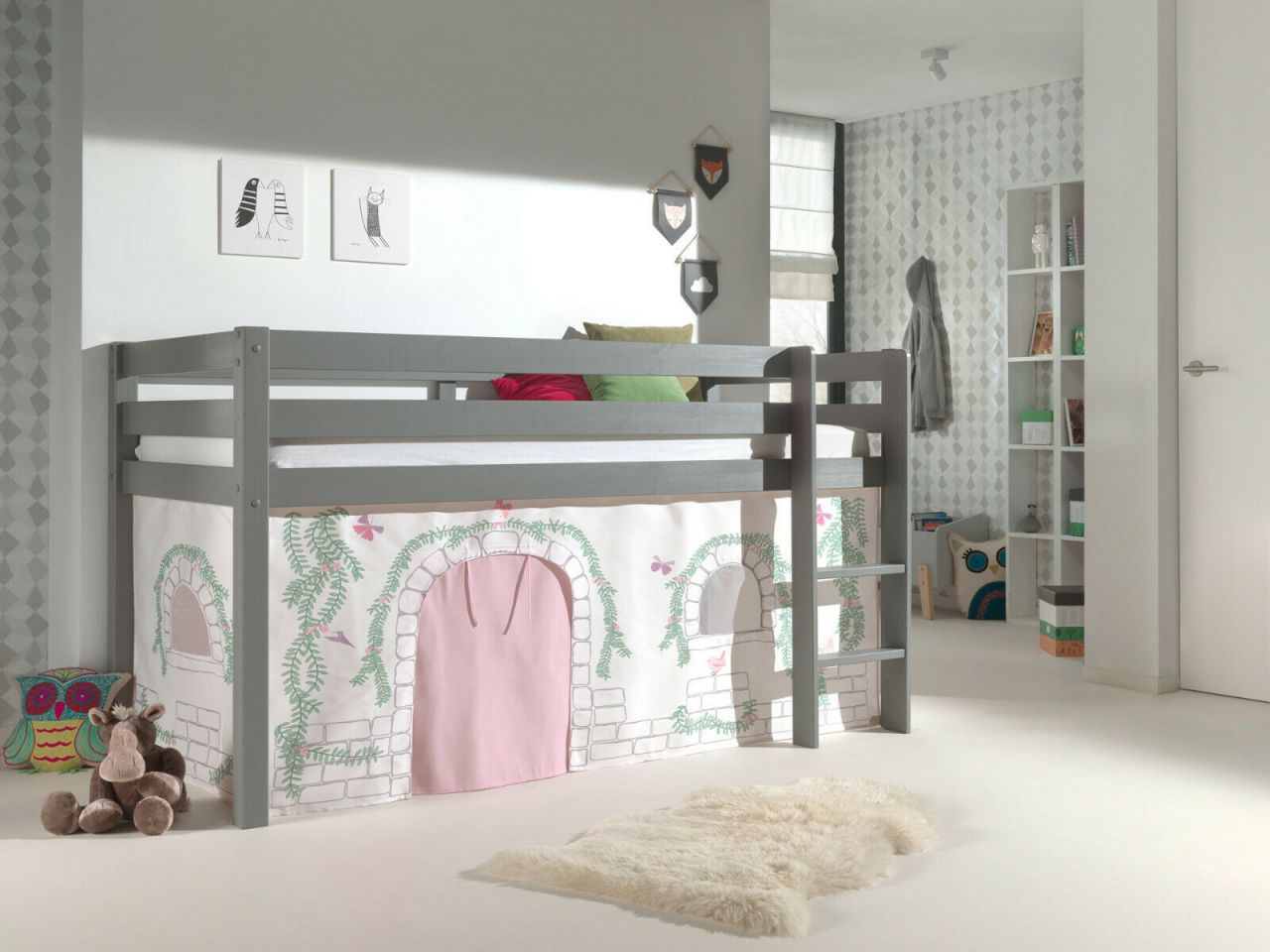 Vipack:Spielbett „Pino“ +Textilset – Jugend/Kinderbett Hochbett Etagenbett Grau