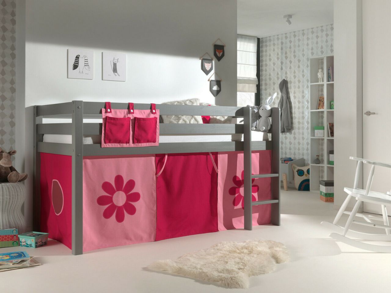 Vipack:Spielbett „Pino“ +Textilset- Jugend/Kinderbett Hochbett Rosa Pink Grau