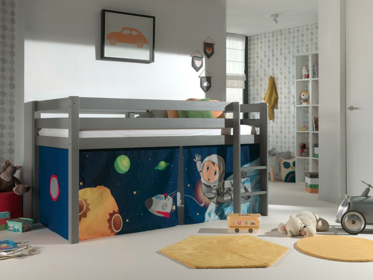 Vipack:Spielbett „Pino“ +Textilset- Jugend/Kinderbett Hochbett Weltall Grau