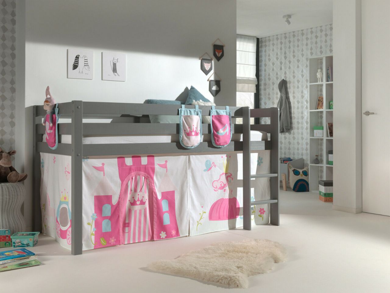 Vipack:Spielbett „Pino“ +Textilset+Taschen-Jugend/Kinderbett Hochbett Prinzessin