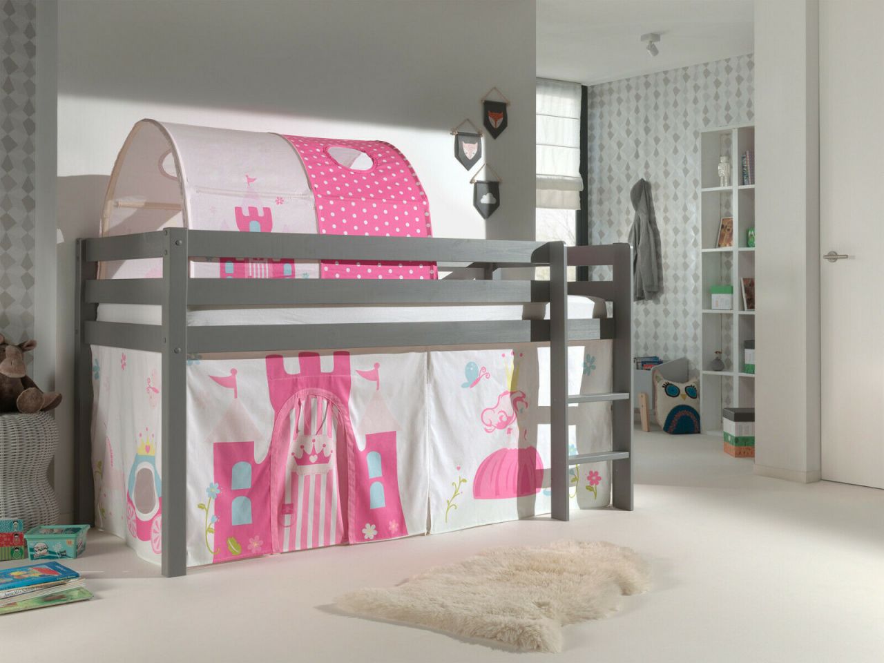 Vipack:Spielbett „Pino“ +Textilset+Tunnel -Jugend/Kinderbett Hochbett Prinzessin