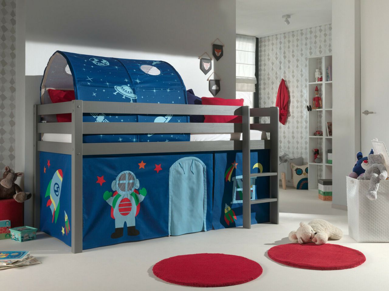 Vipack:Spielbett „Pino“ +Textilset+Tunnel – Jugend/Kinderbett Hochbett Grau