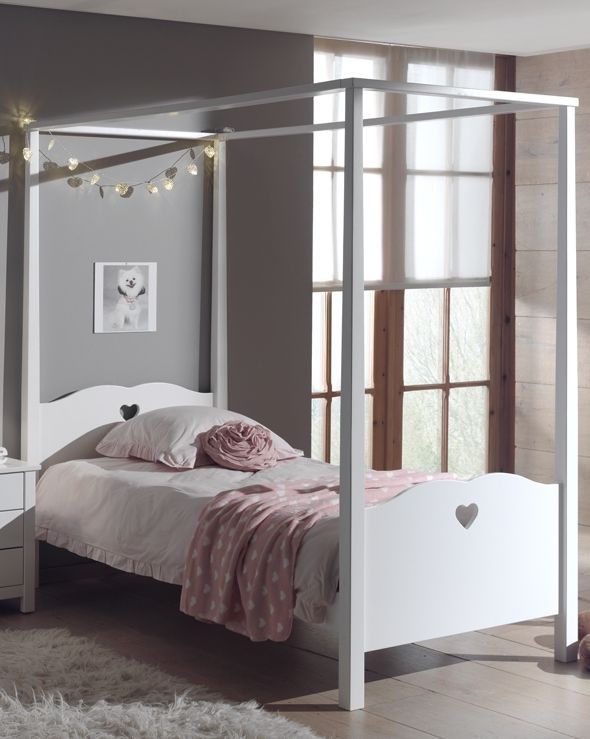Set Himmelbett 90×200 Lattenrost Bett Kinderbett Einzelbett Kinderzimmer Weiß