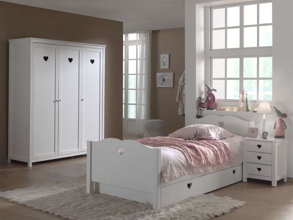 Set Kinderbett 90×200 Kleiderschrank Lattenrost Nachttisch Bettschublade Weiß