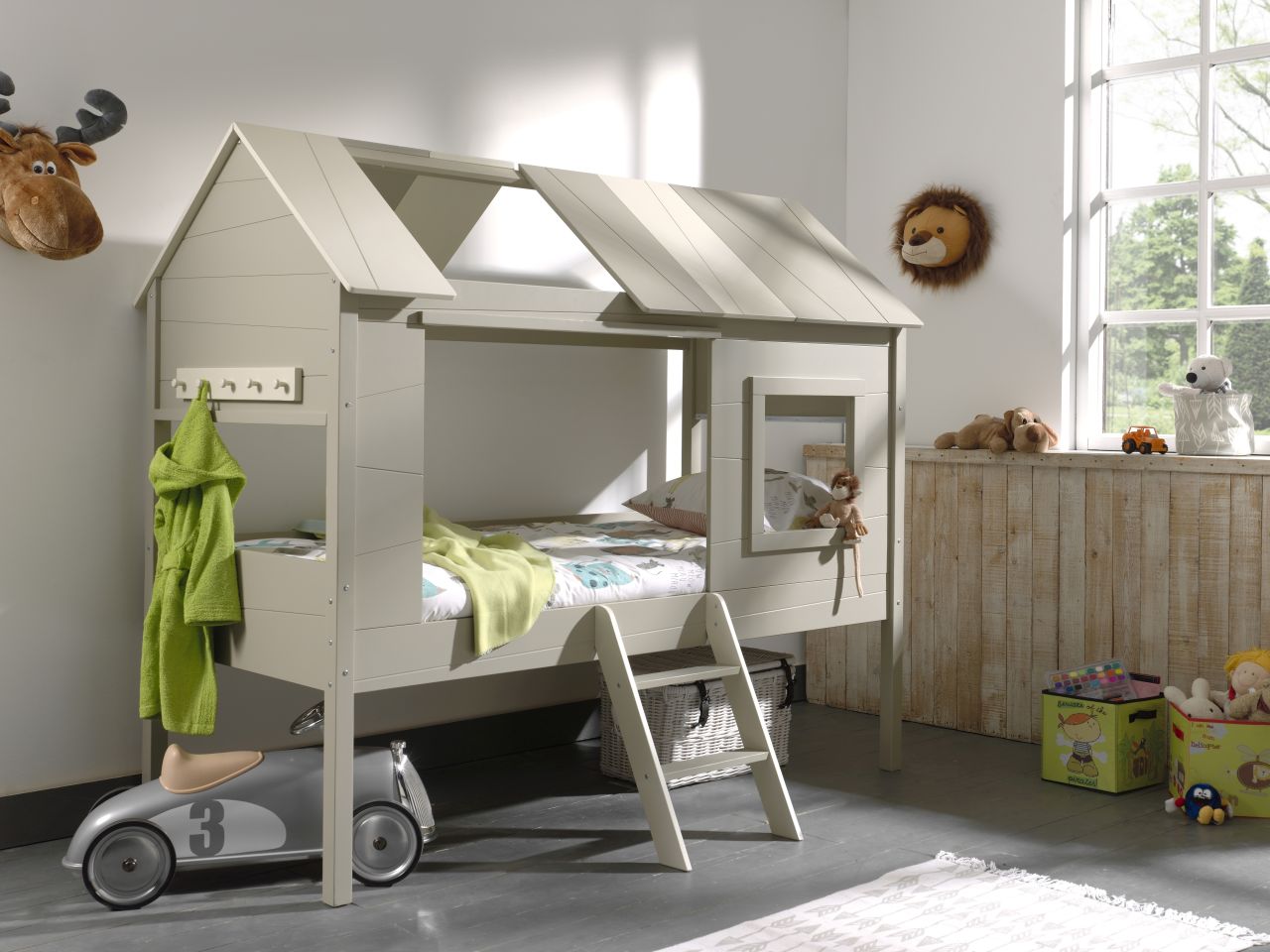 Set Baumhaus Bett Hausbett 90×200 Kinderbett Kindermöbel Rolllattenrost Grau