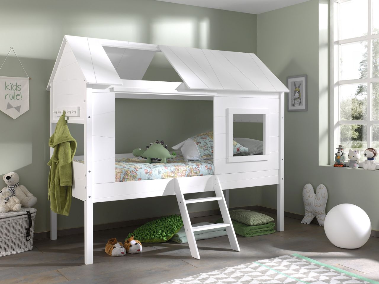 Set Baumhaus Bett Hausbett 90×200 Kinderbett Kindermöbel Rolllattenrost Weiß
