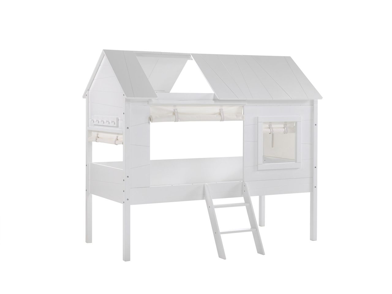 Set Baumhaus Bett Vorhang Hausbett 90×200 Kinderbett Kindermöbel Lattenrost Weiß