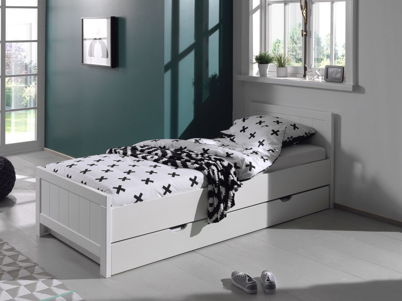 Set Einzelbett 90×200 Bettschublade Jugendbett Kindermöbel Lattenrost Weiß Bett