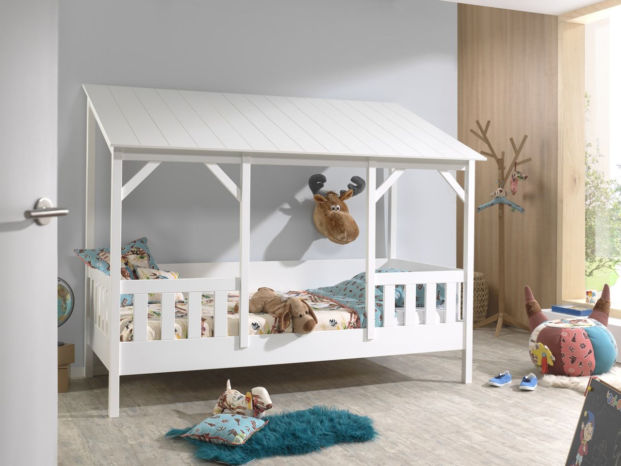 Hausbett Kinderbett 90×200 Kindermöbel Lattenrost Spielbett Landhaus Dach Weiss