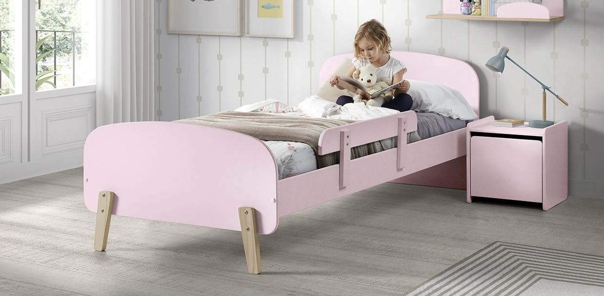 Set Kinderbett Lattenrost Nachtkonsole 90×200 Absturzschutz Kindermöbel rosa