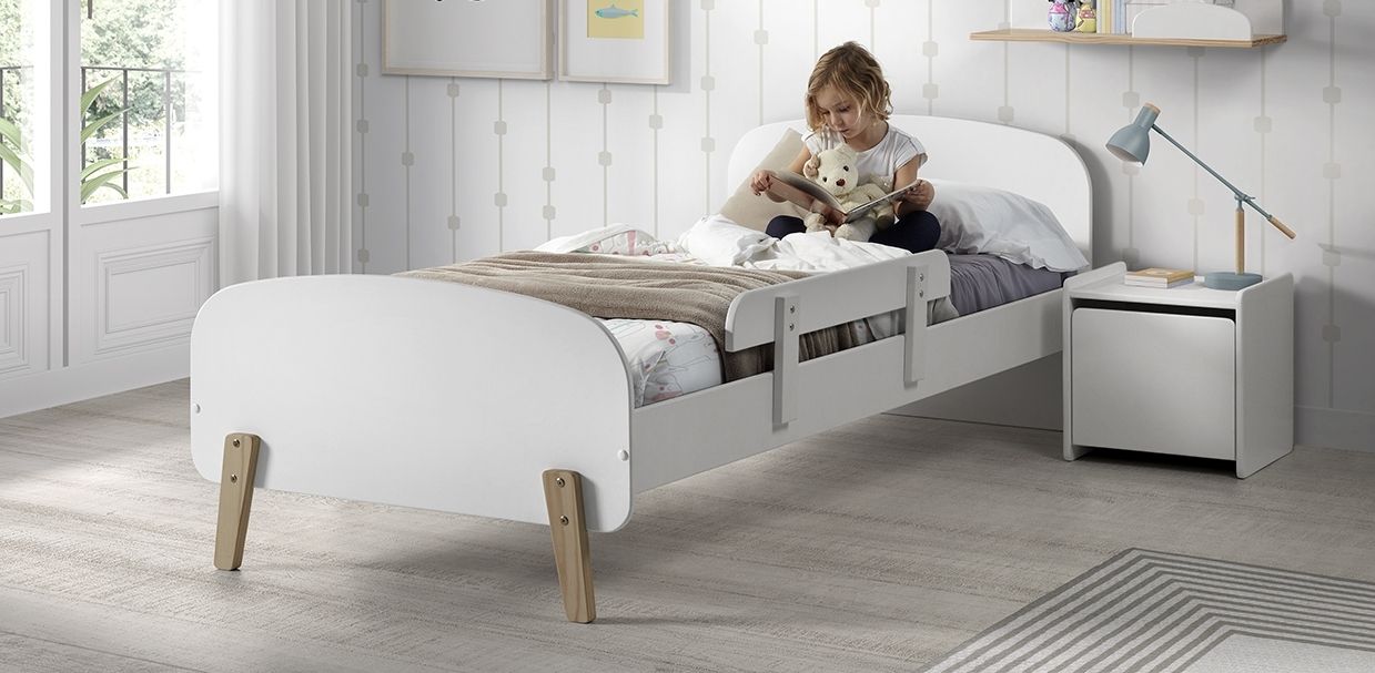 Set Kinderbett Lattenrost Nachtkonsole 90×200 Absturzschutz Kindermöbel weiß