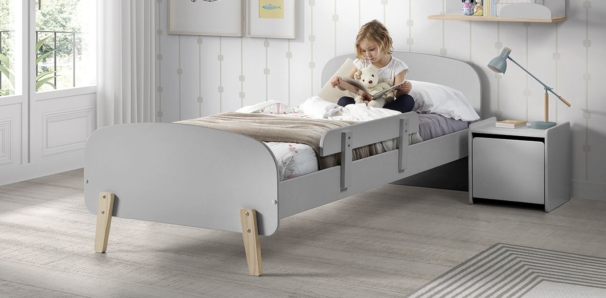 Set Kinderbett Lattenrost Nachtkonsole 90×200 Absturzschutz Kindermöbel hellgrau