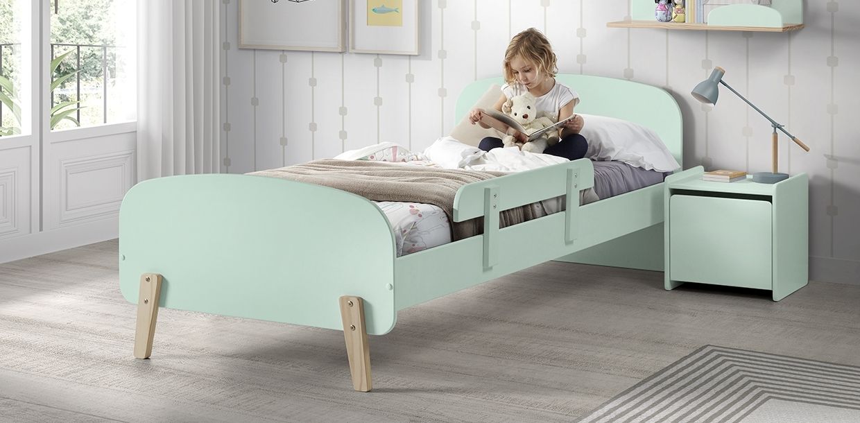 Set Kinderbett Lattenrost Nachtkonsole 90×200 Absturzschutz Kindermöbel mintgrün