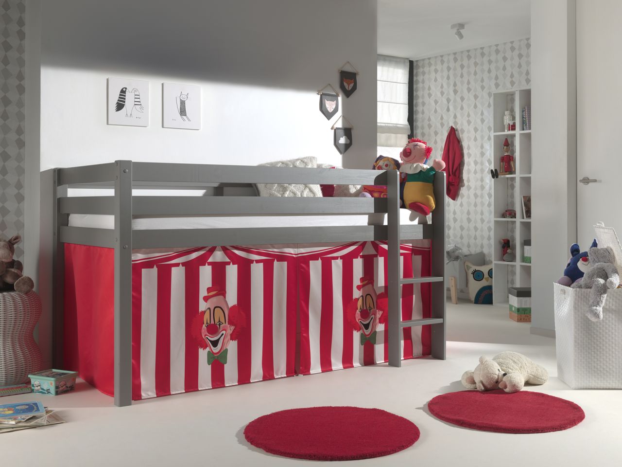 Set Spielbett Textilset 90×200 Kinderbett Lattenrost Hochbett rot Zirkus Pino