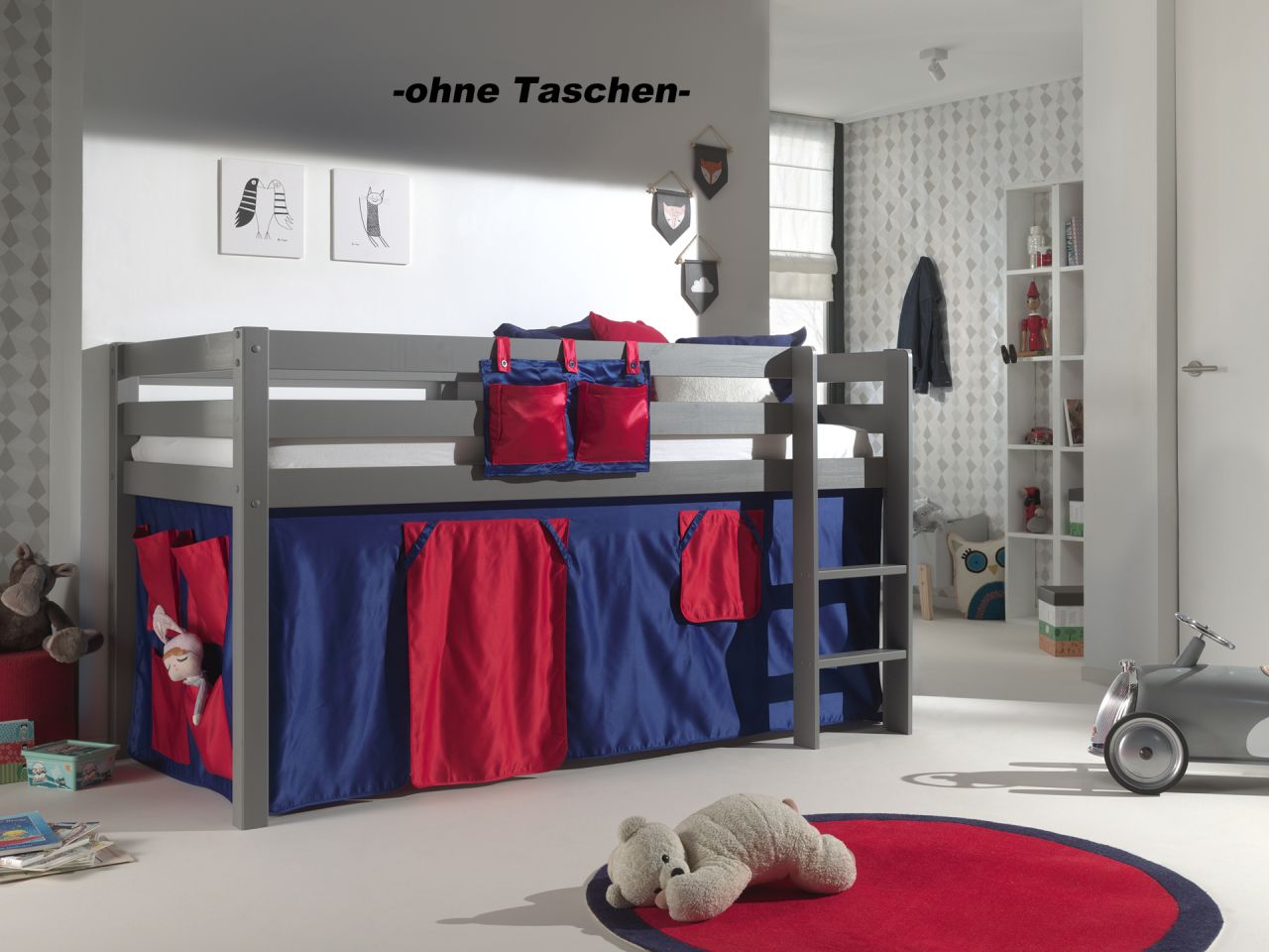 Set Spielbett Textilset 90×200 Kinderbett Lattenrost Hochbett Pino Vorhang rot