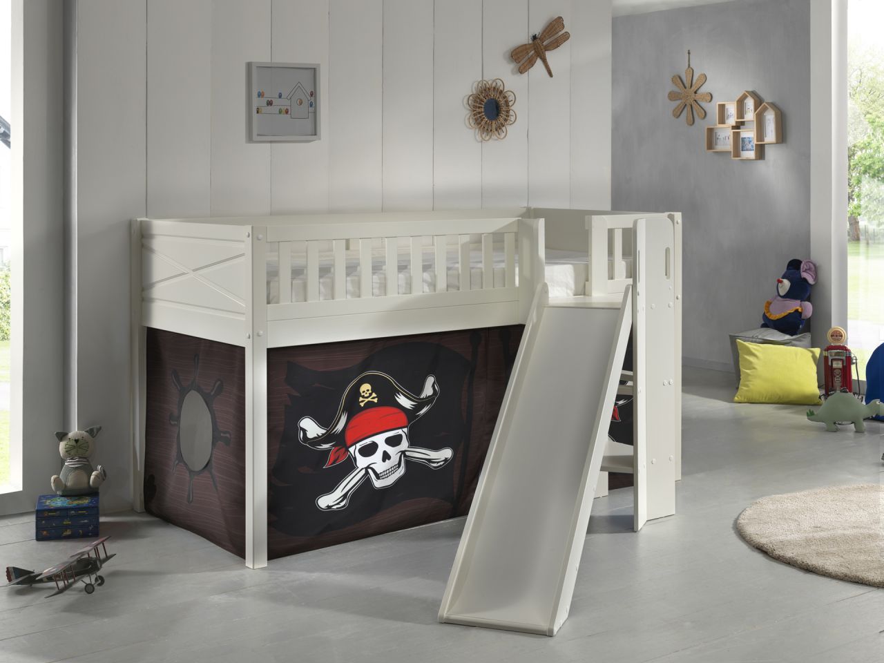 Set Spielbett Rutsche Vorhang Lattenrost Hochbett Kinderbett 90×200 Piraten Weiß