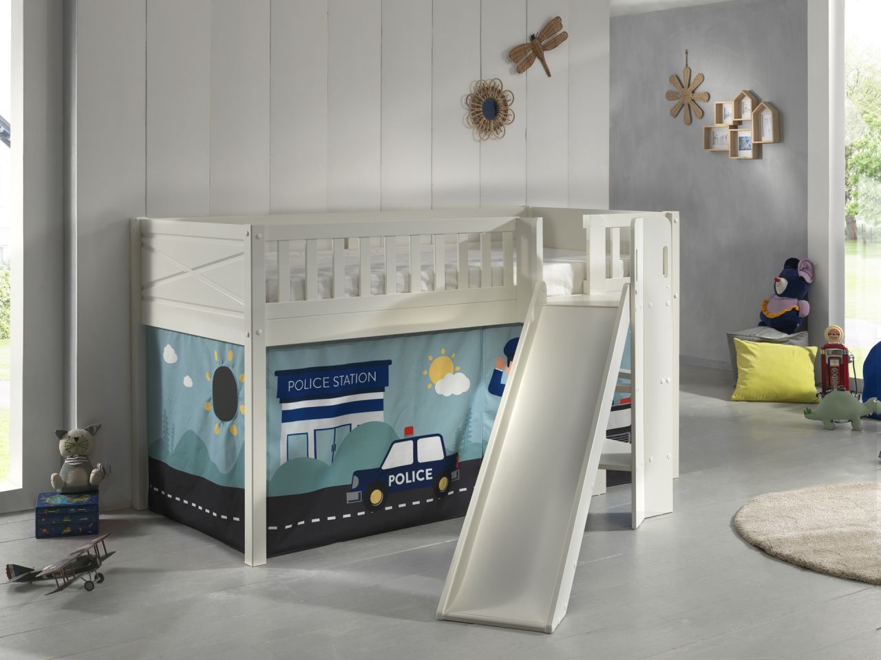 Set Spielbett Rutsche Vorhang Lattenrost Hochbett Kinderbett 90×200 Polizei blau