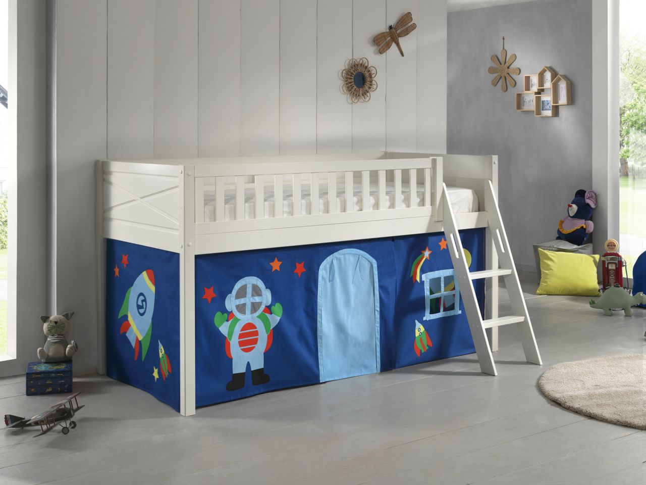 Set Spielbett Vorhang Lattenrost Hochbett Kinderbett 90×200 Weltall Astronauten